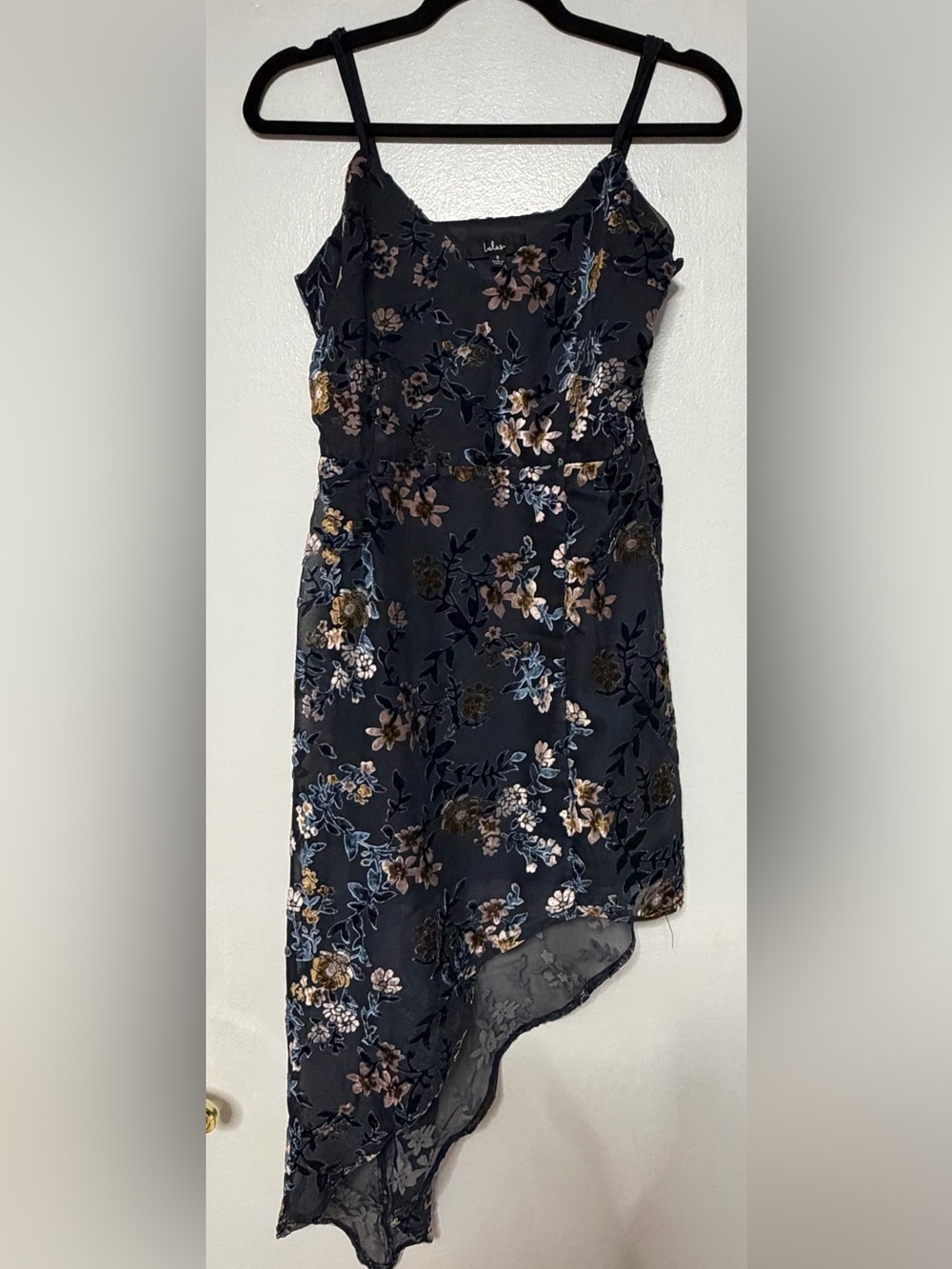 Lulu's Dark Teal Floral Velvet Asymmetric Hem Slip Dress